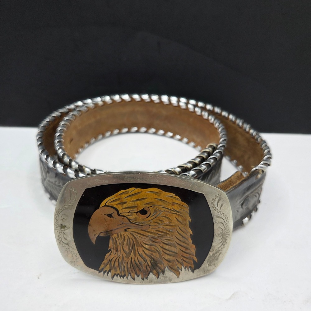 Chambers Western Belt Eagle Buckle Tooled Leather Whipstitch L Gray Brown USA